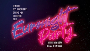 Text reading "Euronight Party" with a neon glow effect, listing names of DJs and the venue, 111 Minna Gallery. Dress code: "Dress to Impress.