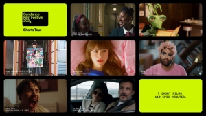 Collage of film scenes and text from the Sundance Film Festival 2023 Shorts Tour, showcasing diverse characters and settings in 7 short films spanning 110 minutes.