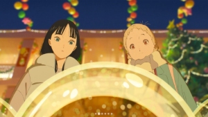 Two animated characters gaze at glowing orbs in a festive setting with lights, colorful decorations, and a Christmas tree in the background.