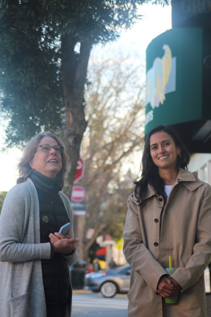 Jackie Fielder and Laurie Kanes from the Bernal Business Arts Alliance outside Good Life Grocery on Wednesday Jan. 8, 2024. Photo by Oscar Palma.