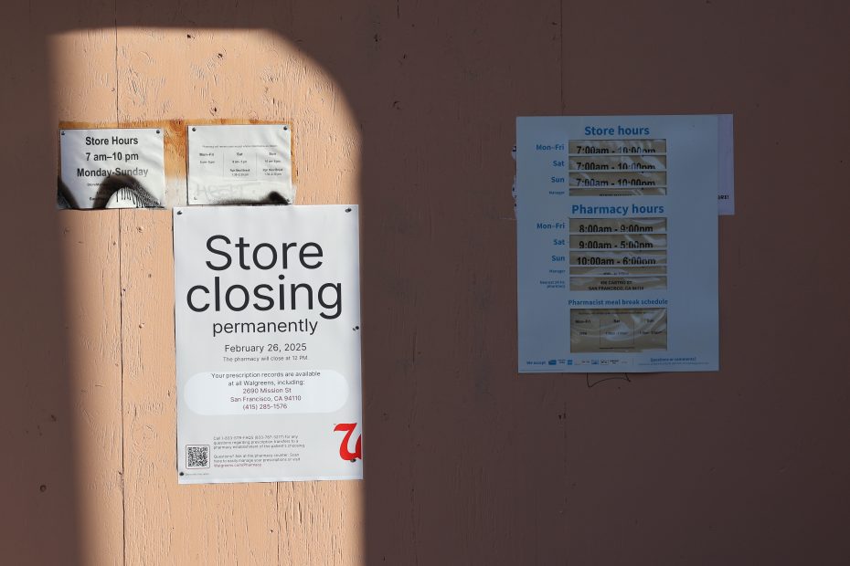 Several signs on a wall display store hours and announce a store closing permanently on February 26, 2025.
