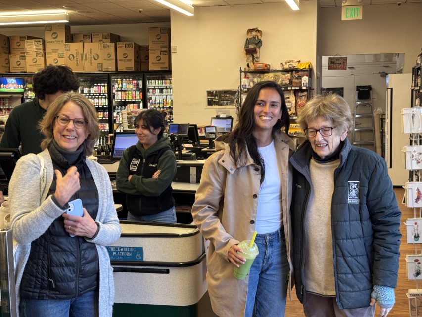 From left to right: Laurie Kanes, Jackie Fielder and Kayren Hudiburgh posing for a photo inside of Good Life Grocery Wednesday Jan. 8, 2024. Photo by Oscar Palma.