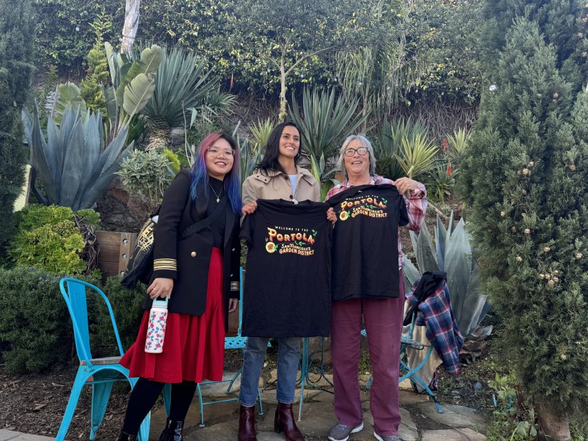 From left to right: Jennifer Li, Jackie Fielder and Maggie Weis pose with a Portola t-shirt on Wednesday Jan. 8, 2024. Photo by Oscar Palma.