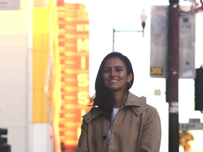 Jackie Fielder posing for a photo with the new Mission marquee behind her on Wednesday Jan. 8, 2024. Photo by Oscar Palma.