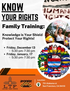 Flyer for "Know Your Rights" family training. Events on Dec 13 and Jan 17, 5:30-7:30 pm, at 701 Alabama St, San Francisco, CA. Includes images of protest signs and flags.