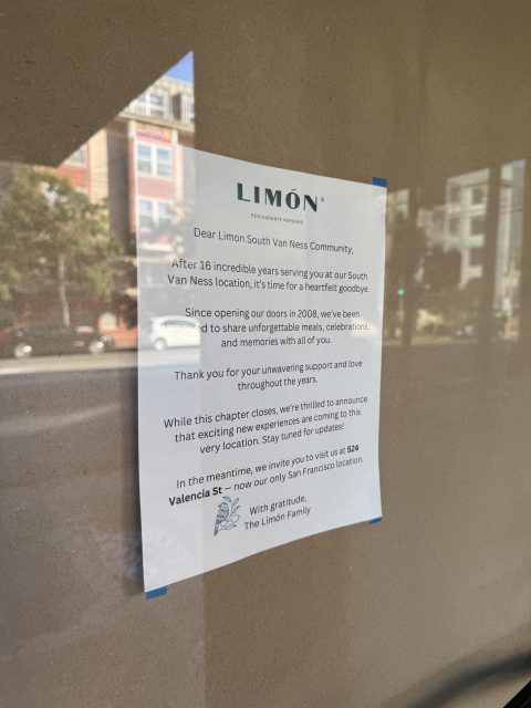 The sign posted at the entrance of Limón restaurant at 21st Street and South Van Ness Avenue, on Tuesday Jan. 14, 2024. Photo by Oscar Palma.