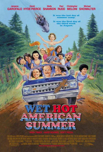 Illustrated movie poster for "Wet Hot American Summer" captures comedic characters on top of a speeding car, set against a forest backdrop with camp-themed elements—perfect for inspiring hiring at your summer camp.