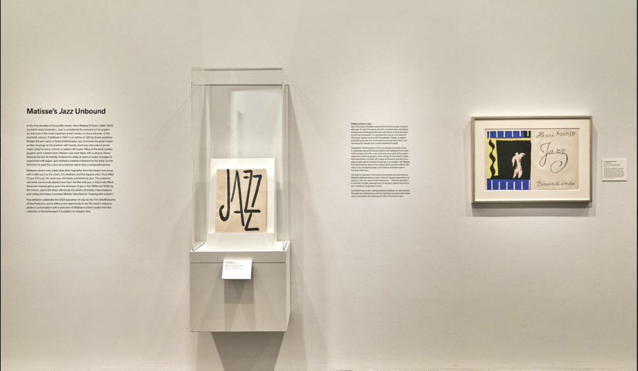 The museum's exhibit of Matisse's "Jazz" features framed artworks and descriptive texts elegantly displayed on a pristine white wall.
