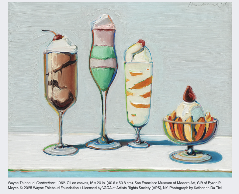 Four dessert glasses with various ice cream sundaes, depicted in a painting with bright colors and distinct brush strokes, resemble an exhibition you'd expect to find at a vibrant museum.