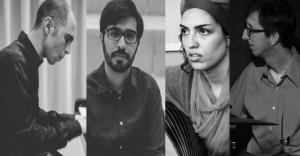 Four people in a collage; the first plays piano, the second and third face forward, and the fourth looks to the side while playing drums.