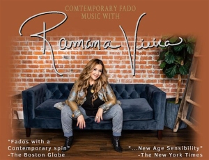 A woman sits on a blue sofa against a brick wall. Text above reads "Contemporary Fado Music with Ramana Vieira." Quotes from "The Boston Globe" and "The New York Times" are included.