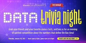 Data Trivia Night" poster with event details for January 31, 2025, in the Bay Area, highlighting competition and facts.
