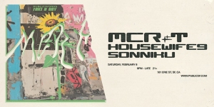 Colorful abstract artwork on the left, with text advertising a music event featuring MCR-T, Housewife9, and Sonniku on Saturday, February 11. Event location: 101 Erie St., SF, CA.