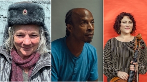 Three individuals are shown. Left: A person in a fur hat and scarf. Center: A person in a blue shirt looking right. Right: A person in a striped blouse holding a cello.