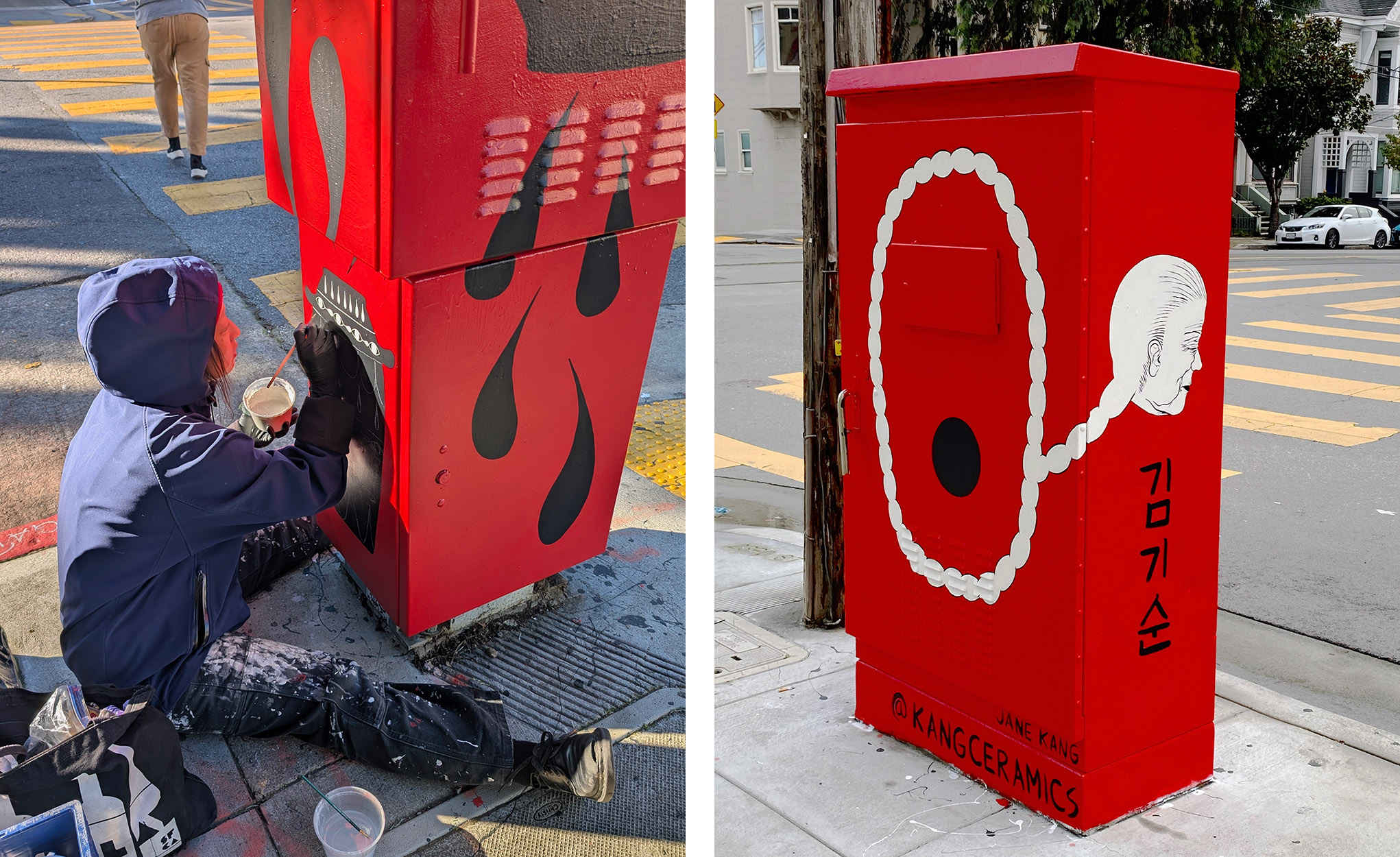Artist painting a red utility box with black flames and white smoke; completed design features bubbles and Korean text.