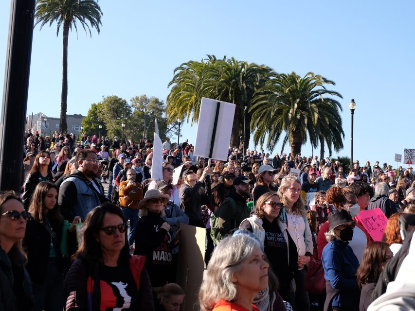 A large group of people gathered outdoors, some holding signs. There are palm trees and a lamppost in the background.