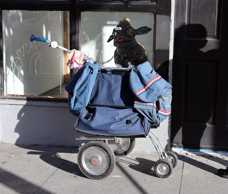 An empty blue shopping cart stands on a sidewalk, casting shadows in front of a window painted with an animal face. Nearby, the local buzz whispers about the unfortunate death of a USPS mail carrier, adding an air of somber mystery to the sunlit scene.
