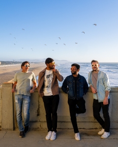 Four men standing by a beachfront railing on a sunny day, with birds flying in the sky and the ocean in the background.