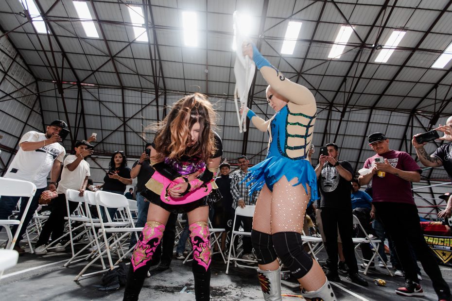 Two women in wrestling costumes engage in a wrestling match with an audience watching.
