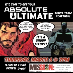Colorful comic-style poster for a trivia event on Thursday, March 6, at 7 PM, hosted by Mission: Comics and Art in San Francisco. Features superhero illustrations and speech bubbles.