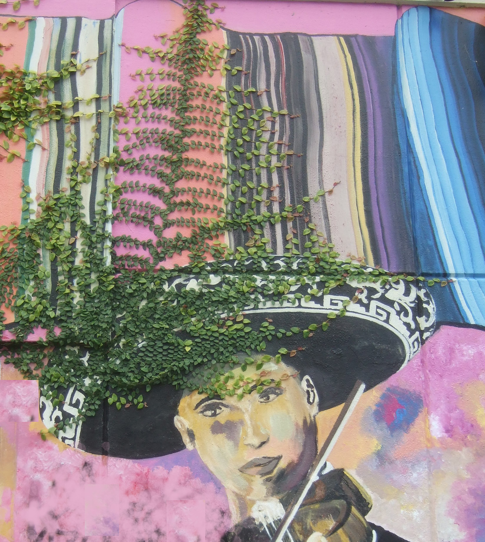 Mural of a person in a sombrero playing a violin, with ivy growing over the painting. The background features colorful stripes.
