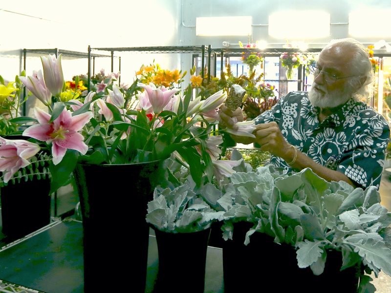 A person in a floral-patterned shirt arranges a bouquet among various flowers and foliage in a dimly lit room.