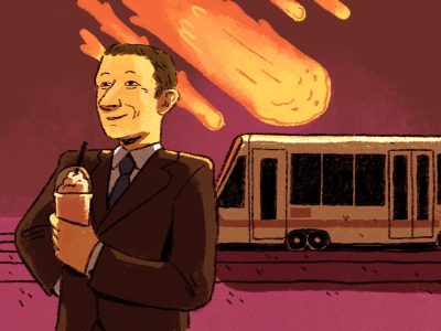 Illustration of a person in a suit holding a drink, standing near a train with a meteor in the sky.