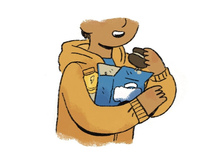 Illustration of a person in a yellow hoodie, reminiscent of a court reporter, holding a clipboard, paper, and a snack bar while wearing a headset. Their face is partially visible.