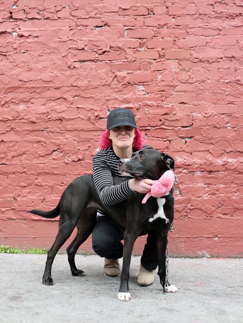 A person kneels beside a black dog playing with a pink toy, set against the textured red brick wall. The scene exudes a sense of calm and focus, as if engaged in a gentle triage of joyful moments.