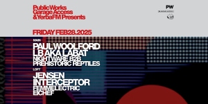 Event flyer for a music performance on February 28, 2025, featuring Paul Woolford, LB aka Labat, Nightware b2b Prehistoric Reptiles, Jensen Interceptor, Femmelectric, and Eichef.