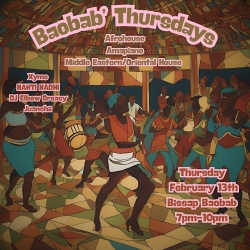 Poster for "Baobab Thursdays" at Biscap Baobab, featuring Afrohouse, Amapiano, and more. Lineup includes Xyme, NAHTI NAHMI, DJ Blow Crazay. Event on February 13th, 7pm-10pm.