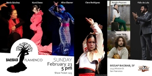 Flamenco event poster featuring performers in dynamic poses, scheduled for Sunday, February 23 at 5 PM in San Francisco.