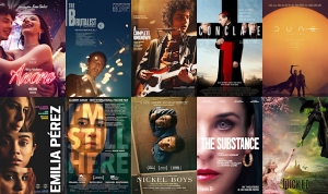 Collage of 12 movie posters includes titles like "Maestro," "The Burial," "Dune," and "The Nickel Boys," featuring varied artistic designs and themes.