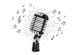 Illustration of a vintage microphone with musical notes surrounding it, suggesting the theme of music or singing.