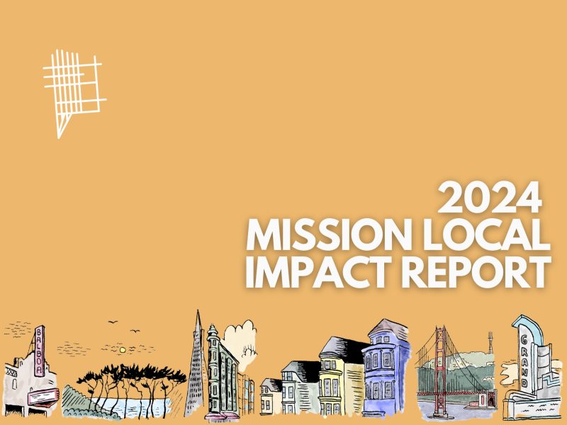 Illustrated cover of the "2024 Mission Local Impact Report" featuring colorful sketches of buildings and landmarks against an orange background.