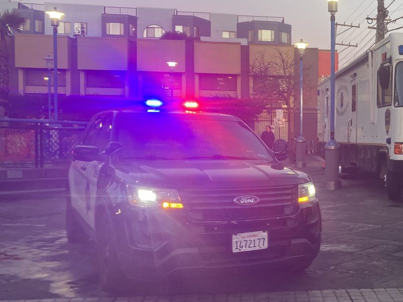 A police SUV with flashing red and blue lights is parked on a street in front of a building. A police van is nearby, and several streetlights are visible.