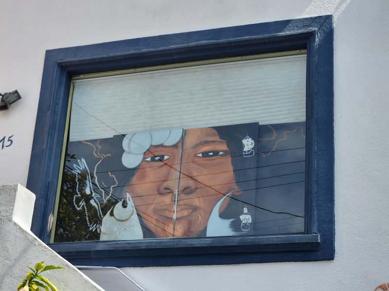 A mural painted on a window depicts a face merging with a hand, two birds, and a fish, framed by dark blue trim.