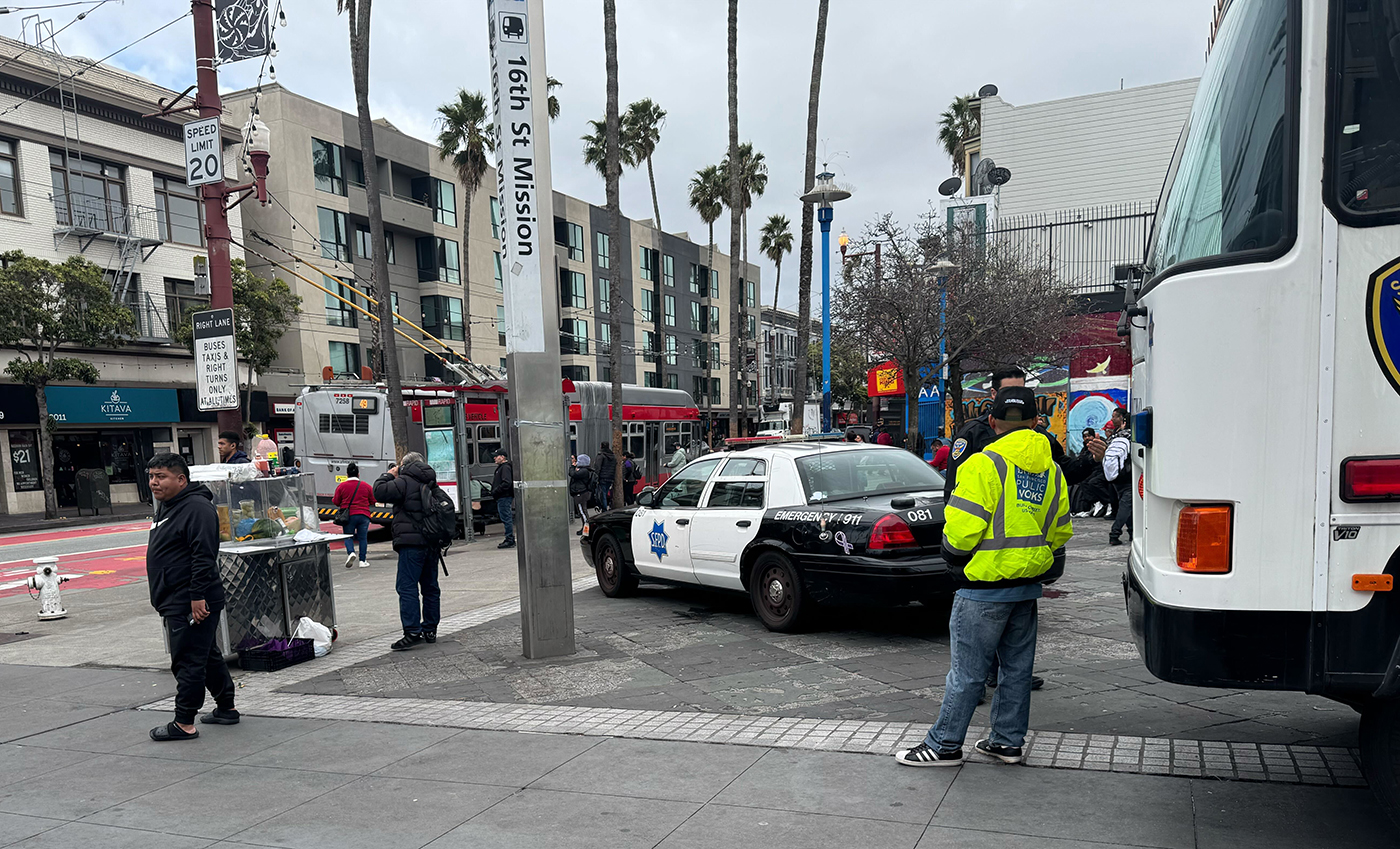 A busy urban street scene with a police car, a bus, people walking, and a street vendor. Buildings and palm trees are in the background.