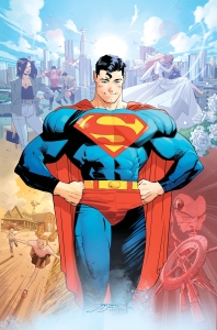 Superman stands confidently with hands on hips, wearing his iconic blue and red costume. Various scenes from his life are depicted in the background.