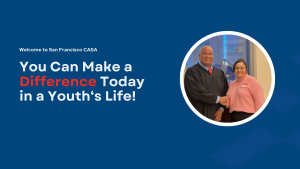 Man in a judge robe and woman in a pink sweater smiling and shaking hands, with text encouraging support for youth.