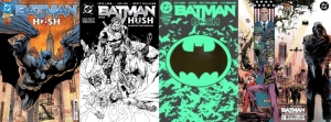 Four Batman comic book covers from the "Hush" series, featuring Batman and various characters in different art styles and colors.