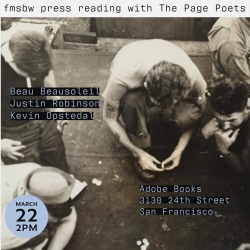 Black and white photo of three people sitting on a wooden floor, looking downwards. Event details are overlaid, including names, date, time, and location at Adobe Books, San Francisco.