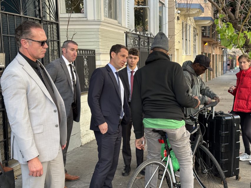 San Francisco Mayor Daniel Lurie checking on people hanging out on Julian Street on Monday March 10, 2025. Photo by Oscar Palma. on Monday March 10, 2025. Photo by Oscar Palma.