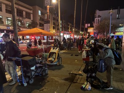 The Southwestern 16th Street BART plaza is busy with vendors once all police presence left on Monday March 10, 2025. Photo by Oscar Palma.