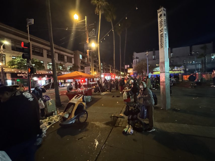 The sidewalk next to the Southeastern 16th Street BART plaza full busy with vendors on Monday March 10, 2025. Photo by Oscar Palma.