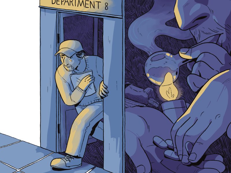 A man with a hat cautiously exits a door labeled "Department 8" while holding a document. Nearby, a large hand holds a smoking flask with a glowing light bulb inside.