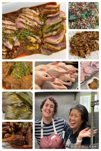 Collage of various cooked and raw meat dishes, including roasted duck slices and whole poultry, with two smiling individuals in aprons at the bottom right.