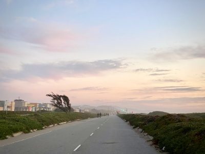 A straight road leads into the distance under a purple and pink sky. Trees on the left are bent by wind, with buildings in the background. People walk along the road.