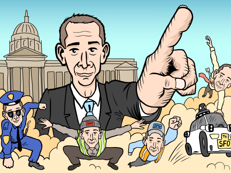Cartoon of a man with an enlarged pointing hand surrounded by smaller figures in various roles, such as a police officer, worker, and driver, against a backdrop of a domed building.