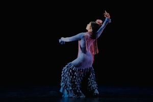 Flamenco dancer striking a graceful pose on stage, wearing a traditional ruffled dress with a flower in her hair, against a dark background.